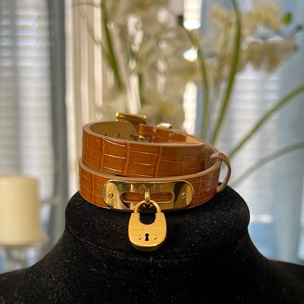 Michael Kors Tan Croc-Embossed Bracelet with Gold Charm